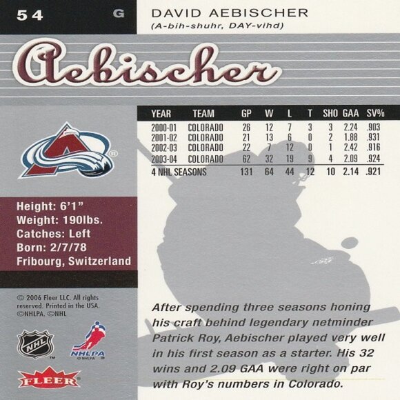 David Aebischer (Colorado Avalanche) 2006 Fleer Hockey Card - Card Number 54 - Picture 2 of 2
